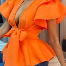 Blusa de moda de mujer con unicolor, cuello en V, manga de encaje y lazo frontal