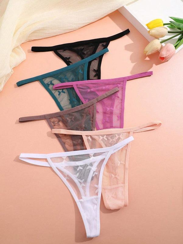 Conjunto de 6 tangas de encaje con patron de mariposas de unicolor con banda de cintura delgada, lenceria sexy para mujeres