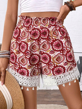 LUNE Shorts de mujer de corte holgado con estampado floral y ribete de encaje con lazo en la cintura, perfectos para vacaciones