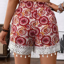 LUNE Shorts de mujer de corte holgado con estampado floral y ribete de encaje con lazo en la cintura, perfectos para vacaciones