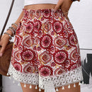LUNE Shorts de mujer de corte holgado con estampado floral y ribete de encaje con lazo en la cintura, perfectos para vacaciones