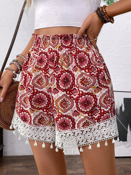LUNE Shorts de mujer de corte holgado con estampado floral y ribete de encaje con lazo en la cintura, perfectos para vacaciones