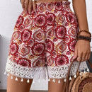 LUNE Shorts de mujer de corte holgado con estampado floral y ribete de encaje con lazo en la cintura, perfectos para vacaciones