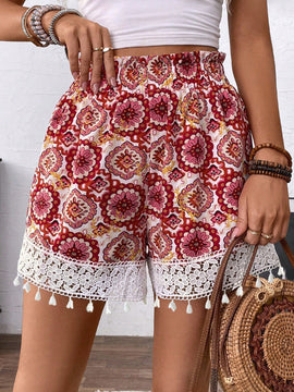LUNE Shorts de mujer de corte holgado con estampado floral y ribete de encaje con lazo en la cintura, perfectos para vacaciones