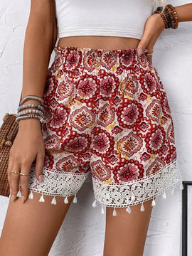 LUNE Shorts de mujer de corte holgado con estampado floral y ribete de encaje con lazo en la cintura, perfectos para vacaciones