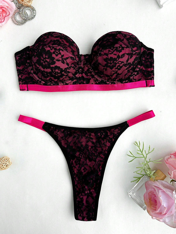 Conjunto de Brasier sin tirantes y ropa interior para mujer con encaje empalmado