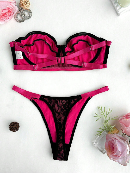 Conjunto de Brasier sin tirantes y ropa interior para mujer con encaje empalmado