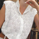 Camisa de mujer sin mangas con hombreras, casual de verano con diseno solido de hueco y bordado