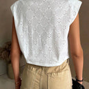 Camisa de mujer sin mangas con hombreras, casual de verano con diseno solido de hueco y bordado