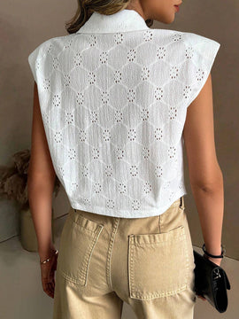 Camisa de mujer sin mangas con hombreras, casual de verano con diseno solido de hueco y bordado