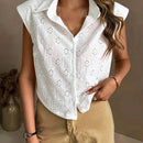 Camisa de mujer sin mangas con hombreras, casual de verano con diseno solido de hueco y bordado