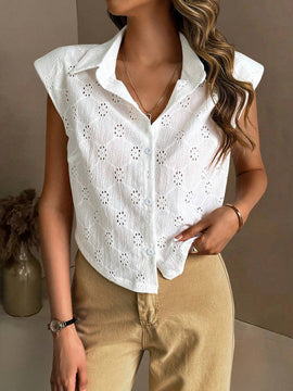 Camisa de mujer sin mangas con hombreras, casual de verano con diseno solido de hueco y bordado
