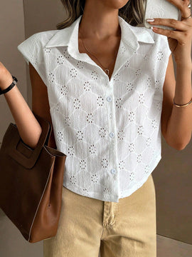 Camisa de mujer sin mangas con hombreras, casual de verano con diseno solido de hueco y bordado