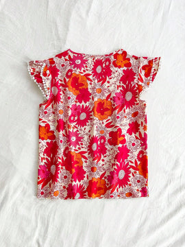 Blusa de manga corta con estampado floral para vacaciones de verano de mujer con cuello en V enado y mangas con solapa