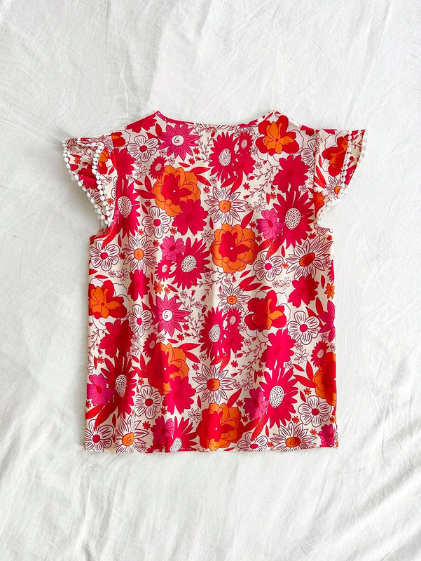 Blusa de manga corta con estampado floral para vacaciones de verano de mujer con cuello en V enado y mangas con solapa