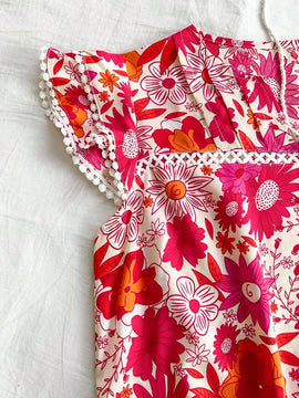 Blusa de manga corta con estampado floral para vacaciones de verano de mujer con cuello en V enado y mangas con solapa