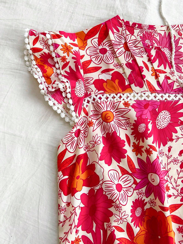 Blusa de manga corta con estampado floral para vacaciones de verano de mujer con cuello en V enado y mangas con solapa
