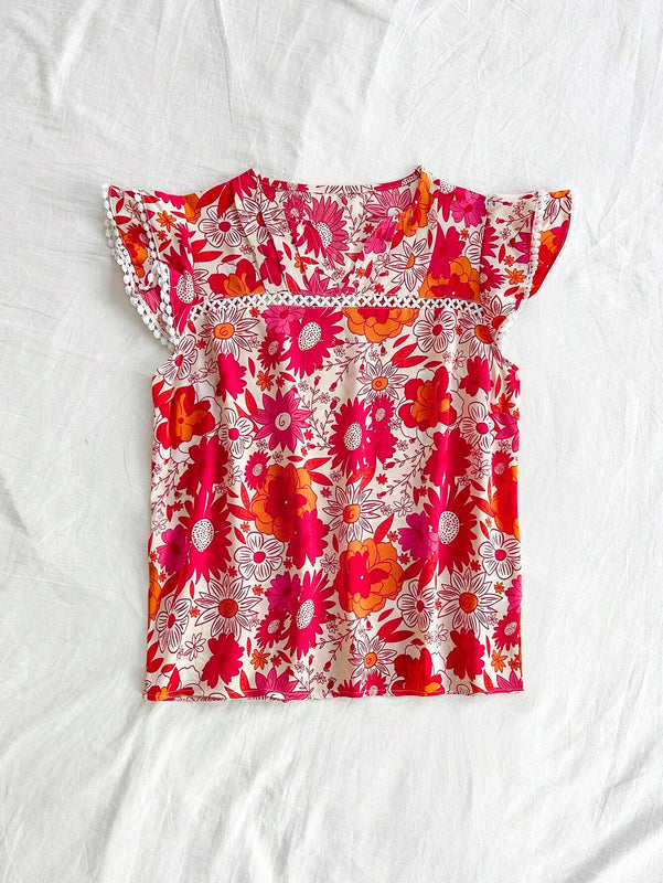Blusa de manga corta con estampado floral para vacaciones de verano de mujer con cuello en V enado y mangas con solapa