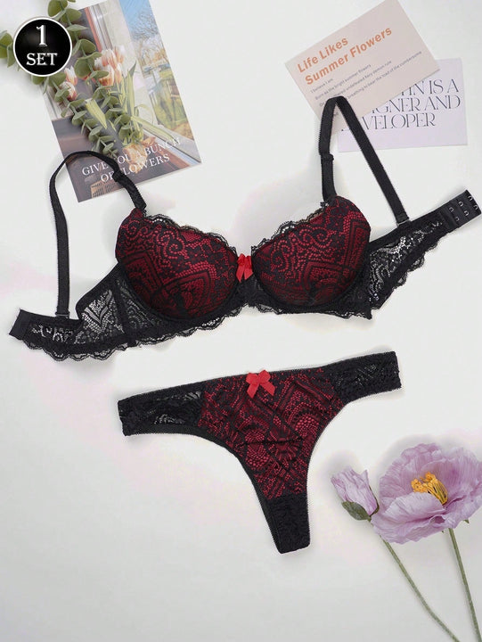 Conjunto de Brasier y tanga sexy y maduro para mujer en negro y rojo con copas push-up con aros, encaje y lazo