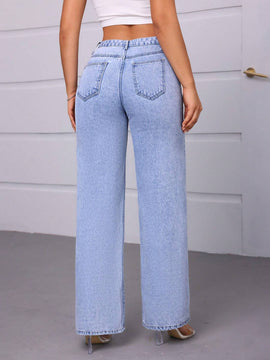 Essnce Jeans de pierna recta y corte holgado para mujer con bolsillos con forma de estrella y decoracion de parches