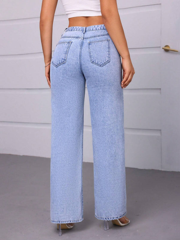 Essnce Jeans de pierna recta y corte holgado para mujer con bolsillos con forma de estrella y decoracion de parches