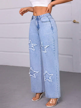 Essnce Jeans de pierna recta y corte holgado para mujer con bolsillos con forma de estrella y decoracion de parches