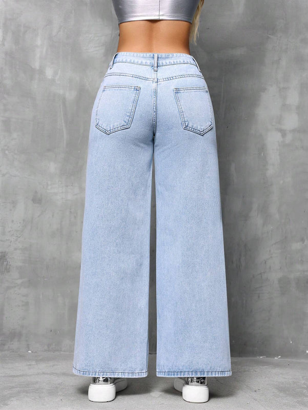 SXY Jeans casuales de pierna ancha y corte holgado para mujer con bolsillos y detalles de desgaste