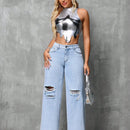 SXY Jeans casuales de pierna ancha y corte holgado para mujer con bolsillos y detalles de desgaste