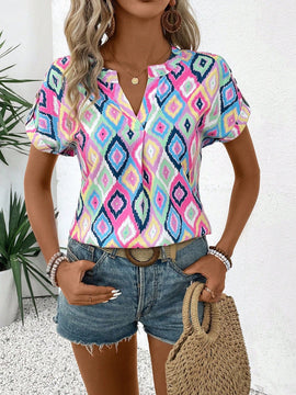 Camisa estampada de verano con cuello en V para mujer, con muescas, ideal para conjuntos combinados de vacaciones