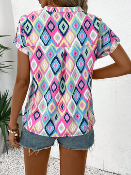 Camisa estampada de verano con cuello en V para mujer, con muescas, ideal para conjuntos combinados de vacaciones