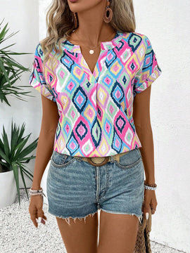 Camisa estampada de verano con cuello en V para mujer, con muescas, ideal para conjuntos combinados de vacaciones