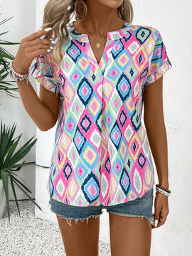 Camisa estampada de verano con cuello en V para mujer, con muescas, ideal para conjuntos combinados de vacaciones