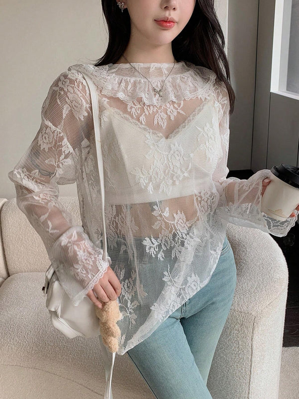 DAZY Blusa delgada floja de manga larga con encaje floral para mujer