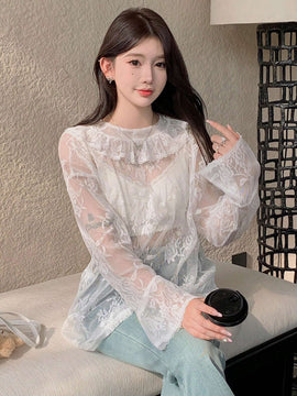 DAZY Blusa delgada floja de manga larga con encaje floral para mujer