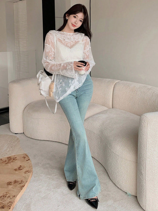 DAZY Blusa delgada floja de manga larga con encaje floral para mujer