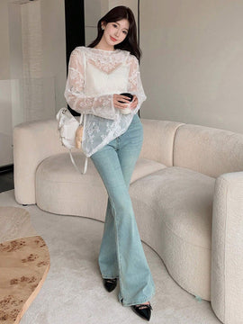 DAZY Blusa delgada floja de manga larga con encaje floral para mujer