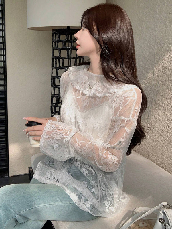 DAZY Blusa delgada floja de manga larga con encaje floral para mujer