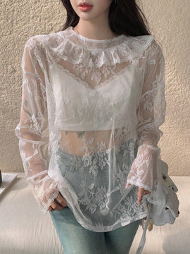DAZY Blusa delgada floja de manga larga con encaje floral para mujer