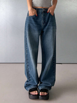 DAZY Pantalones Jeans informales de pierna ancha y ajuste holgado para mujer con bolsillos