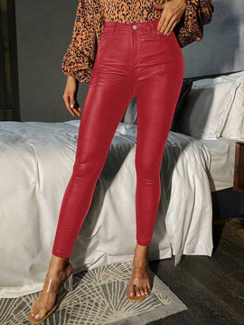Pantalones rojos ajustados con cremallera para mujer, de unicolor