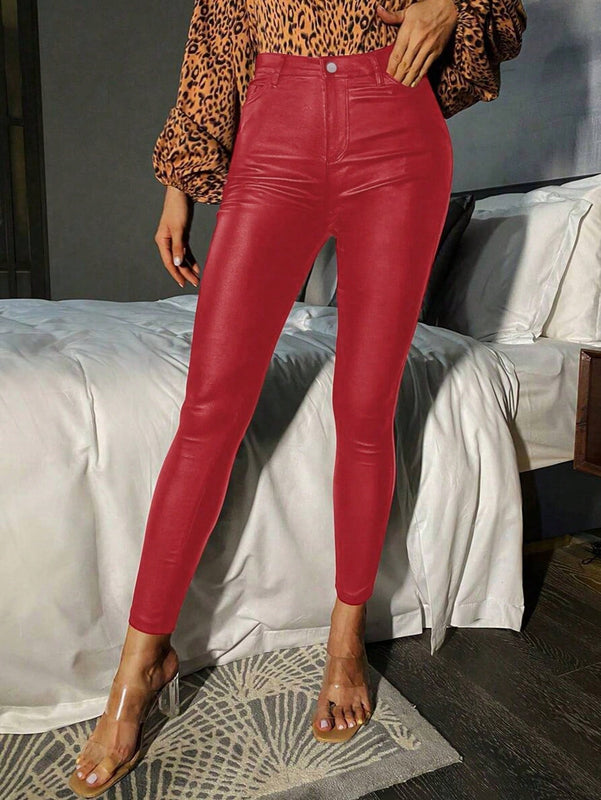Pantalones rojos ajustados con cremallera para mujer, de unicolor