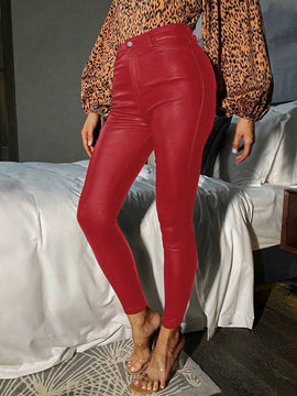 Pantalones rojos ajustados con cremallera para mujer, de unicolor