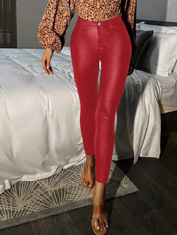 Pantalones rojos ajustados con cremallera para mujer, de unicolor