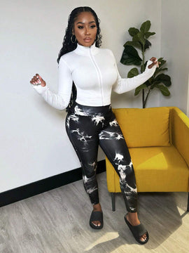 Slayr Pantalones deportivos casuales sencillos de tejido de punto acanalado en tie-dye blanco y negro con forma de Body y cintura alta para mujer - C