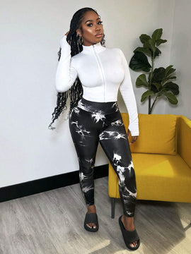 Slayr Pantalones deportivos casuales sencillos de tejido de punto acanalado en tie-dye blanco y negro con forma de Body y cintura alta para mujer - C