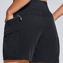 Shorts de trabajo para mujeres con cintura elastica, cierre de cremallera y cordon, y varios bolsillos