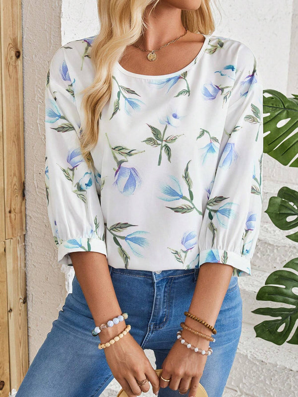 EMERY ROSE Camisa blanca casual con estampado de campo rural y manga media, versatil para mujeres