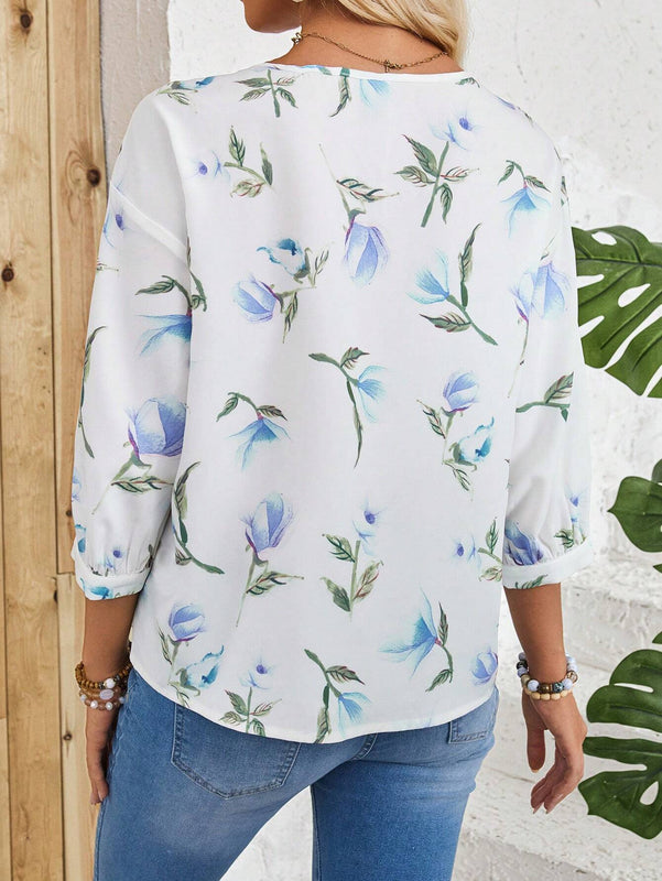 EMERY ROSE Camisa blanca casual con estampado de campo rural y manga media, versatil para mujeres