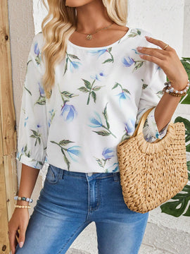 EMERY ROSE Camisa blanca casual con estampado de campo rural y manga media, versatil para mujeres