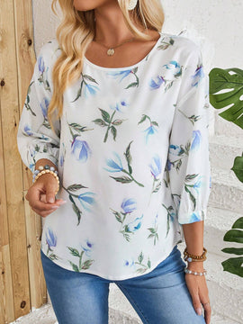 EMERY ROSE Camisa blanca casual con estampado de campo rural y manga media, versatil para mujeres